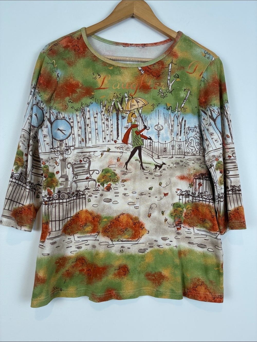 Christopher & Banks Large Scenic Park Print 3/4 Sleeve Top Green Cotton